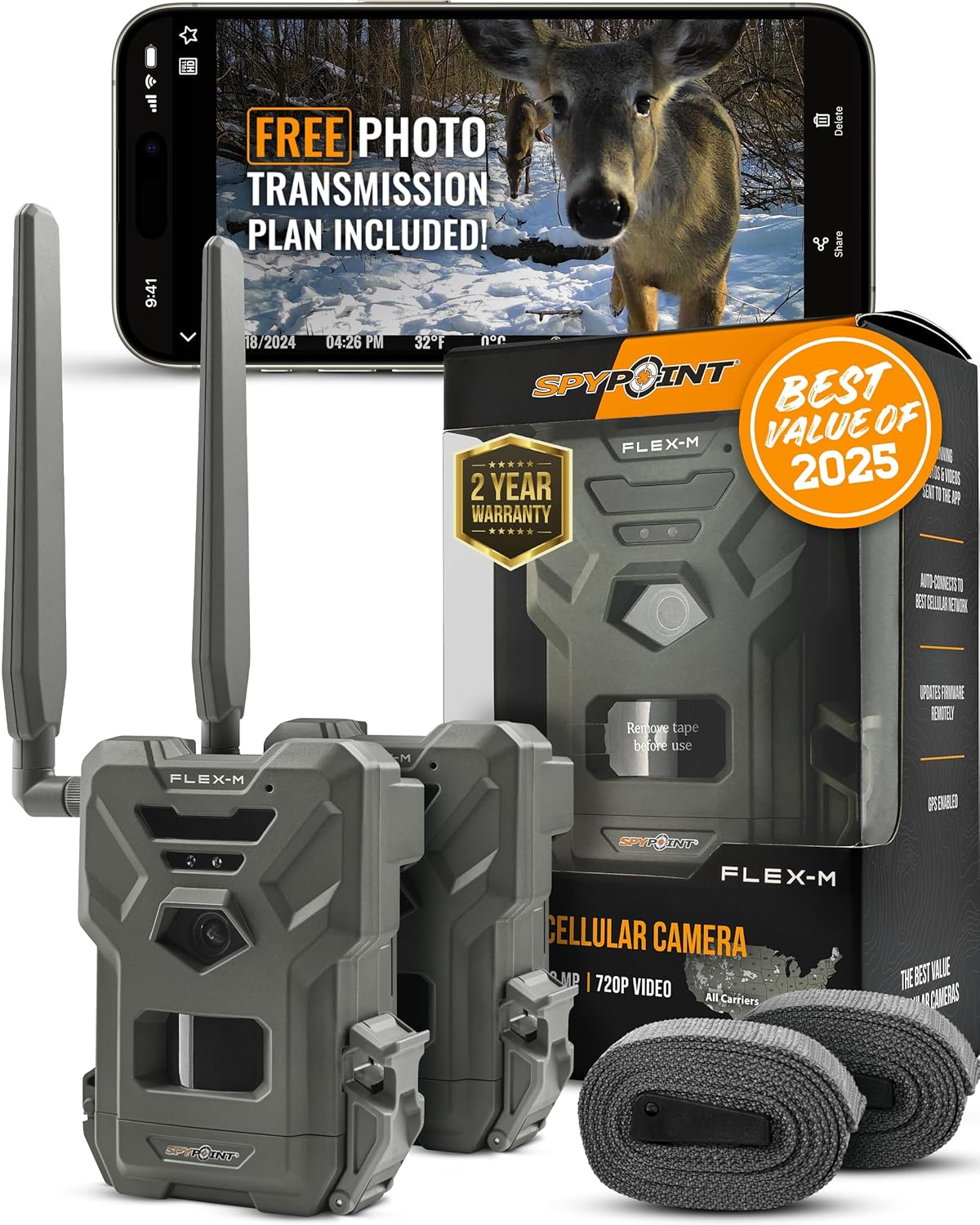 Flex-M Twin Pack Cellular Trail Cameras - Best Hunting Accessories, No Wifi Needed, GPS, Night Vision, Dual-Sim LTE, IP65 Water-Resistant Game Camera, 28MP Photos, 720P Videos + Sound (2)