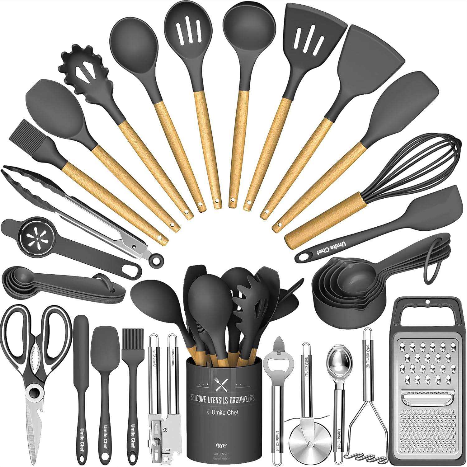 Umite Chef Silicone Kitchen Utensil Set, 34PCS Heat Resistant Kitchen Gadgets and Tools with Grater, Wood Handles for Nonstick Cookware (Dark Gray)