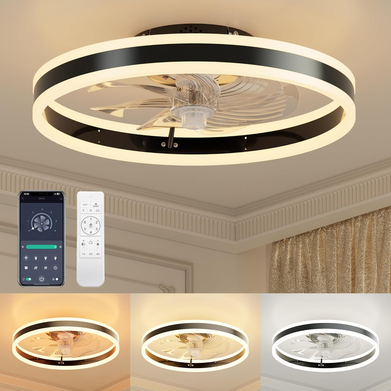 ULG Low Profile Ceiling Fans with Lights and Remote, 19.7 Inch Flush Mount Morden Ceiling Fan Light, 3 Colors Dimmable Bladeless Ceiling Fan for Living Room, Bedroom, Kitchen, Etc. Black
