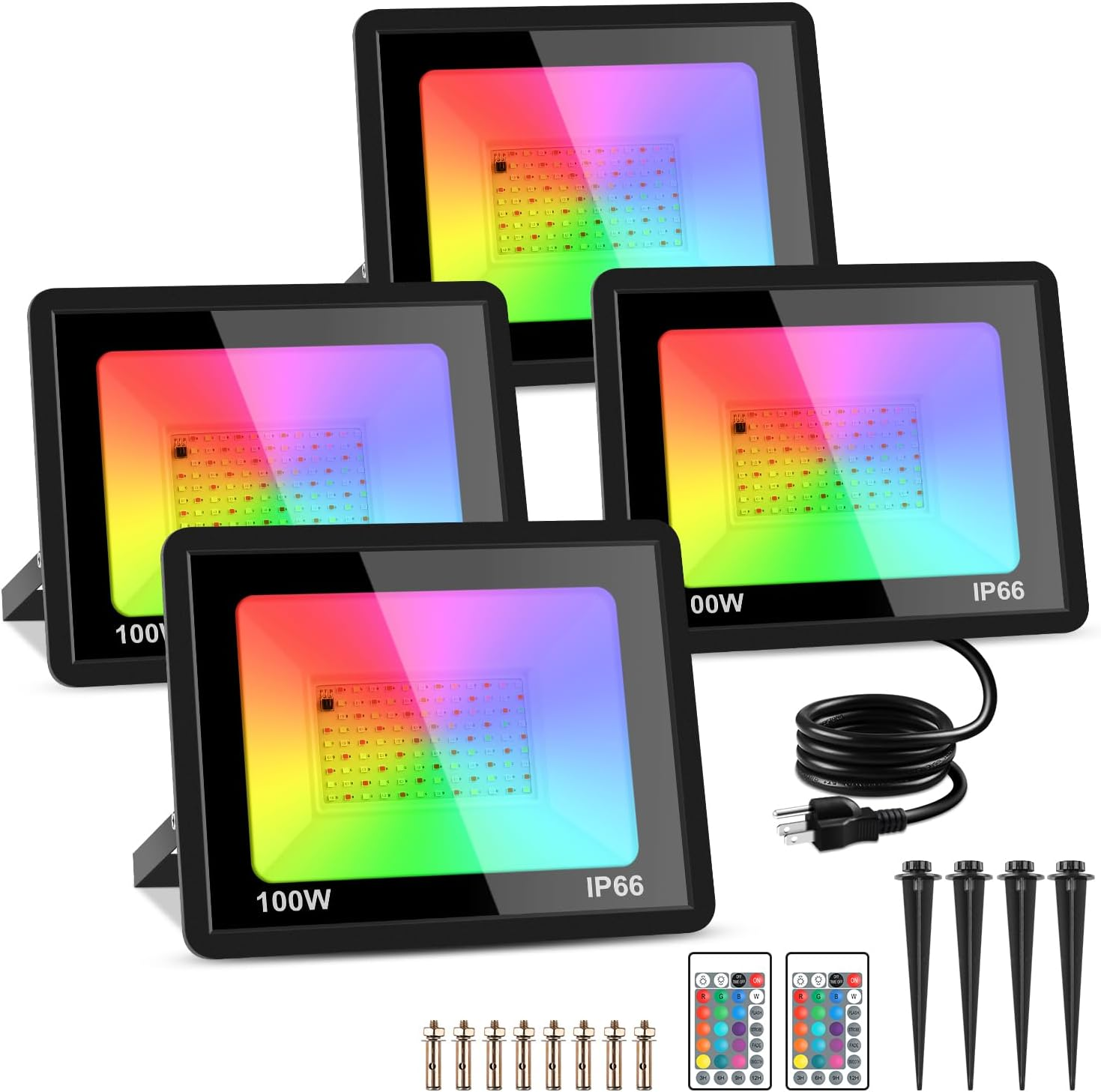 4 Pack 100W RGB LED Flood Lights 12000LM Color Changing Smart Floodlight New