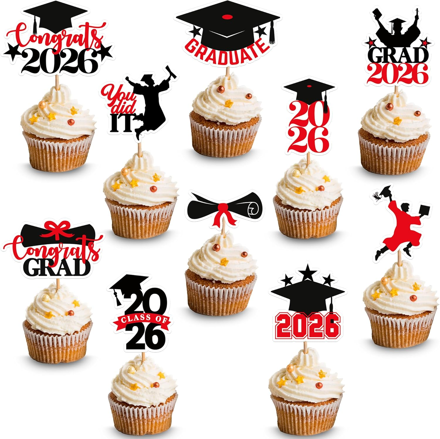 , Red and Black Graduation Cake Topper 2026 - Pack of 36 | Graduation Cupcake Toppers 2026 for Graduation Decorations 2026 | 2026 Graduation Decorations, 2026 Graduation Cupcake Toppers