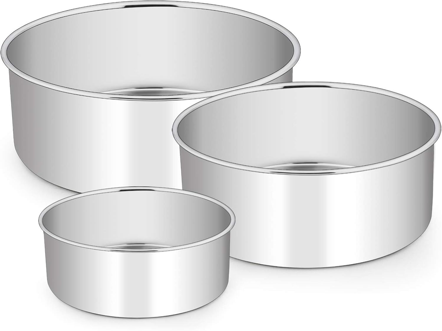 E-Far Cake Pan Set of 3 (4’’/6’’/8), Deep Stainless Steel round Cake Pans Tins for Wedding Birthday, Non-Toxic & Dishwasher Safe, Mirror Finish & Straight Side
