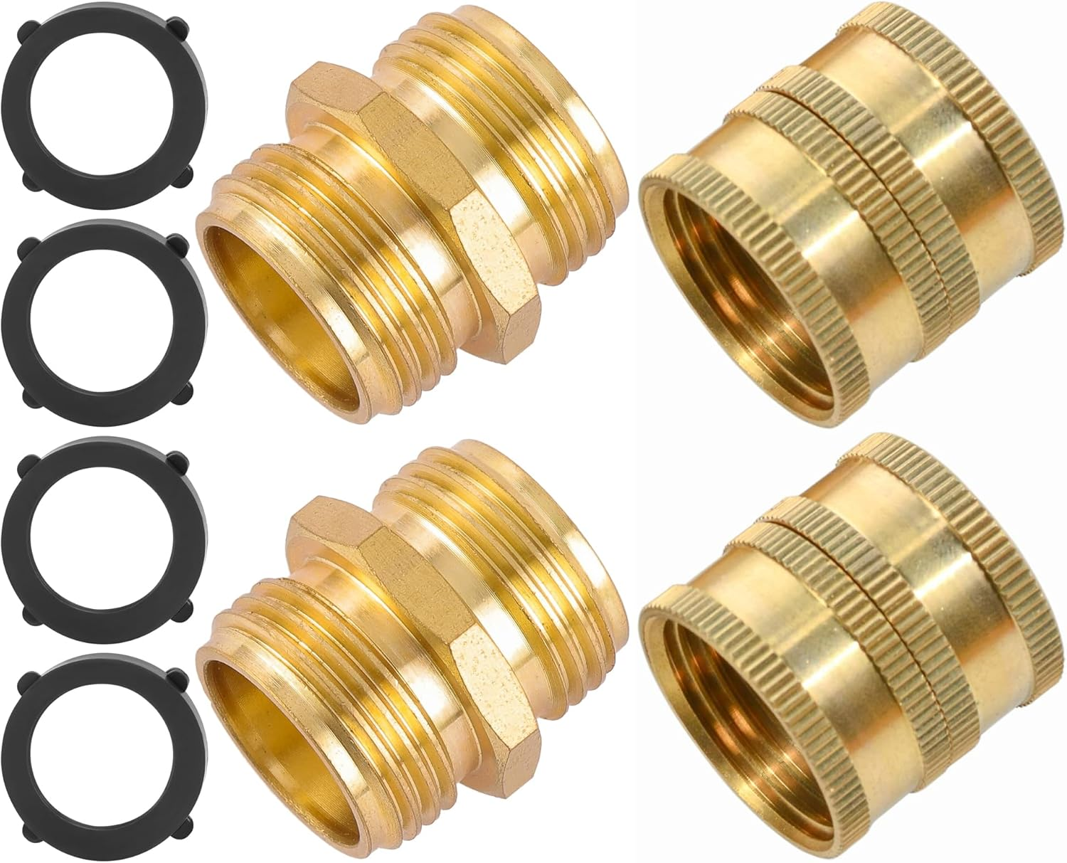 4 Pack 3/4 Inch Brass Garden Hose Connector,Female to Female Hose Adapter,Male to Male Hose Adapter,Double Female with Dual Swivel (With 4 Washers)