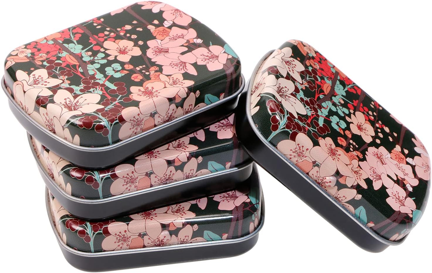 Small Metal Portable Storage Box, Mini Rectangle Empty Hinged Tins with Lid, Home Organizer for Drawing Pin, , Candies, Earring and Jewelry Craft, 4Pcs(Black & Floral)