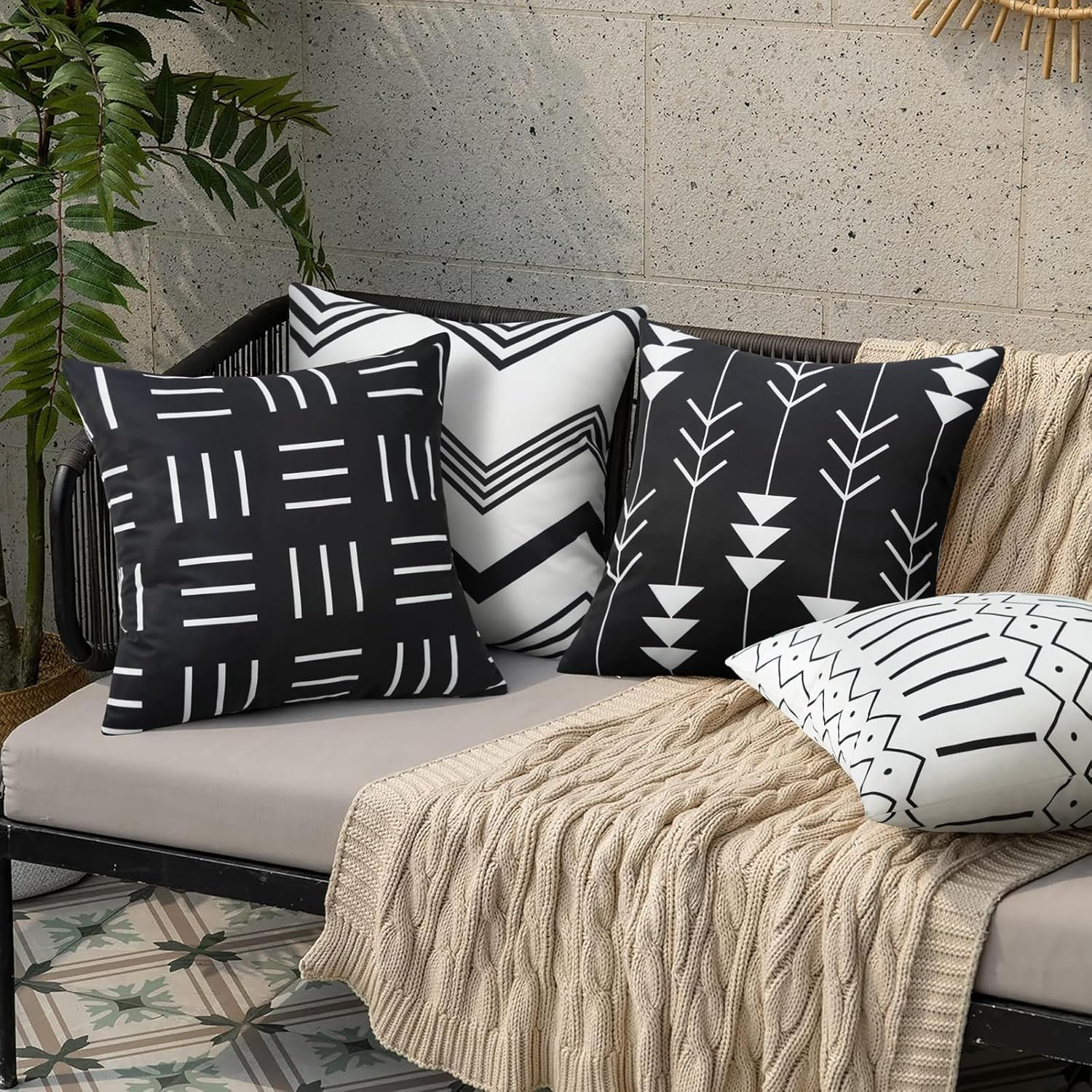 Set of 4 Outdoor Waterproof Pillow Covers Black White Decorative Outdoor Pillows
