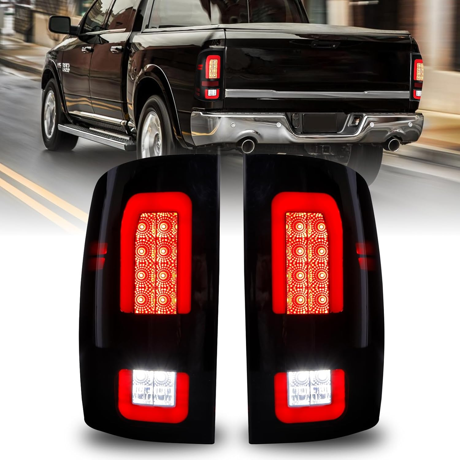 Smoked Black Full LED Tail Lights Tinted Rear Brake Lamps Upgrade for 2009-2018 Dodge Ram 1500 2500 3500, 2019-2024 Ram 1500 Classic, Fit Factory Halogen Trims Only, No Bulbs Needed