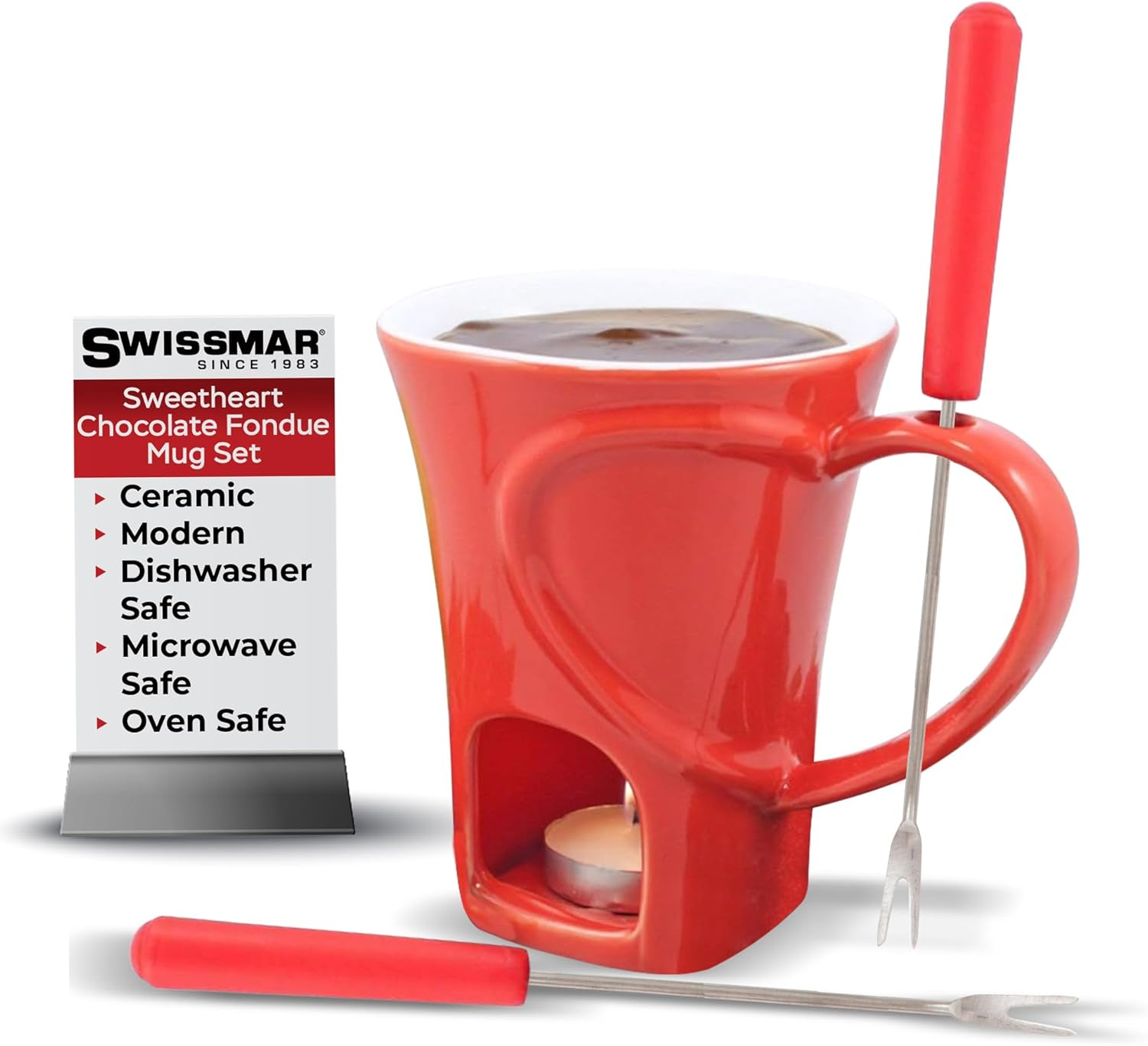 Swissmar 4-Piece Sweetheart Chocolate Fondue Mug Set – Mini Fondue Set for Keeping Chocolate, Caramel, Cheese, & More Warm – Ideal Gift for Weddings & Desserts
