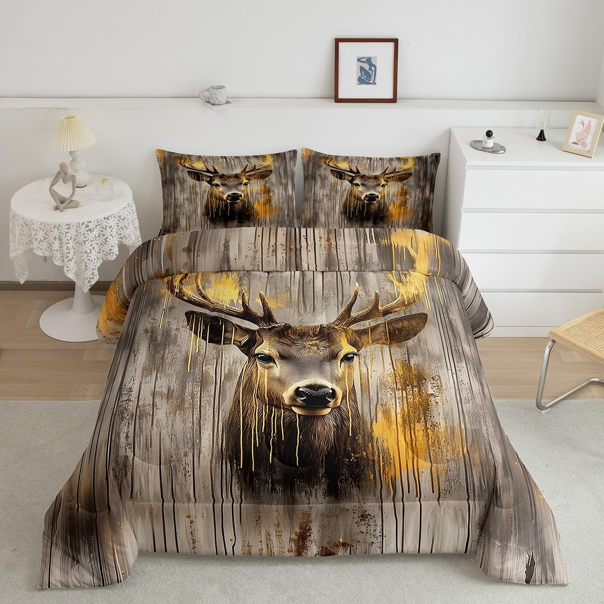 Rustic Deer Comforter Set Queen Farmhouse Cabin Bedding Set for Men Adults Country Wildlife Animal down Comforter Vintage Golden Paint Duvet Insert Rural Old Style Breathable Decor