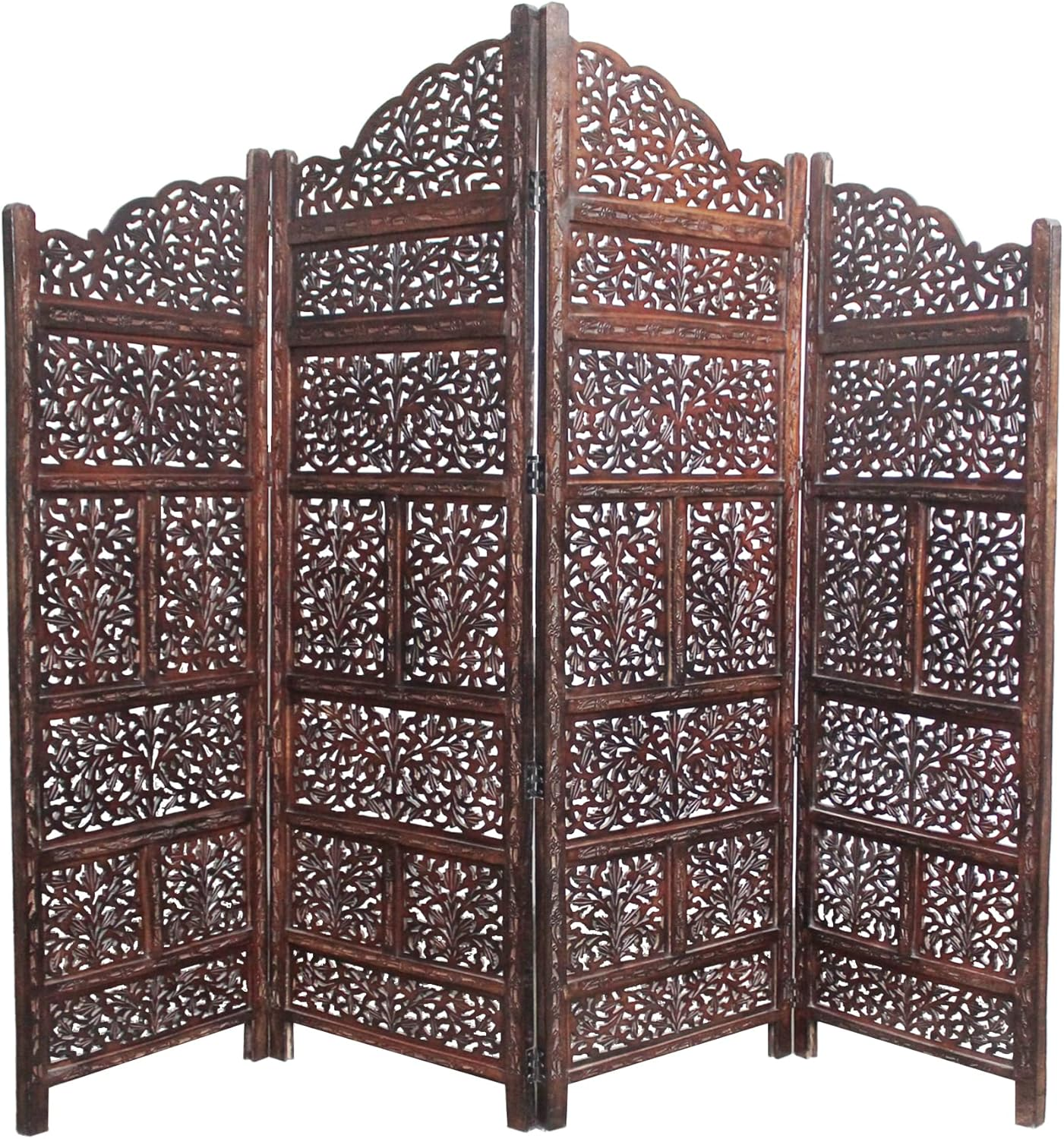 Room Divider Wood Screen - Mahanadi Antique Brown - 4 Panel Folding 72X80 - Wooden Hand Carved Screen Decorative Functional Versatile - Small Spaces Reversible Privacy Partition - COTTON CRAFT
