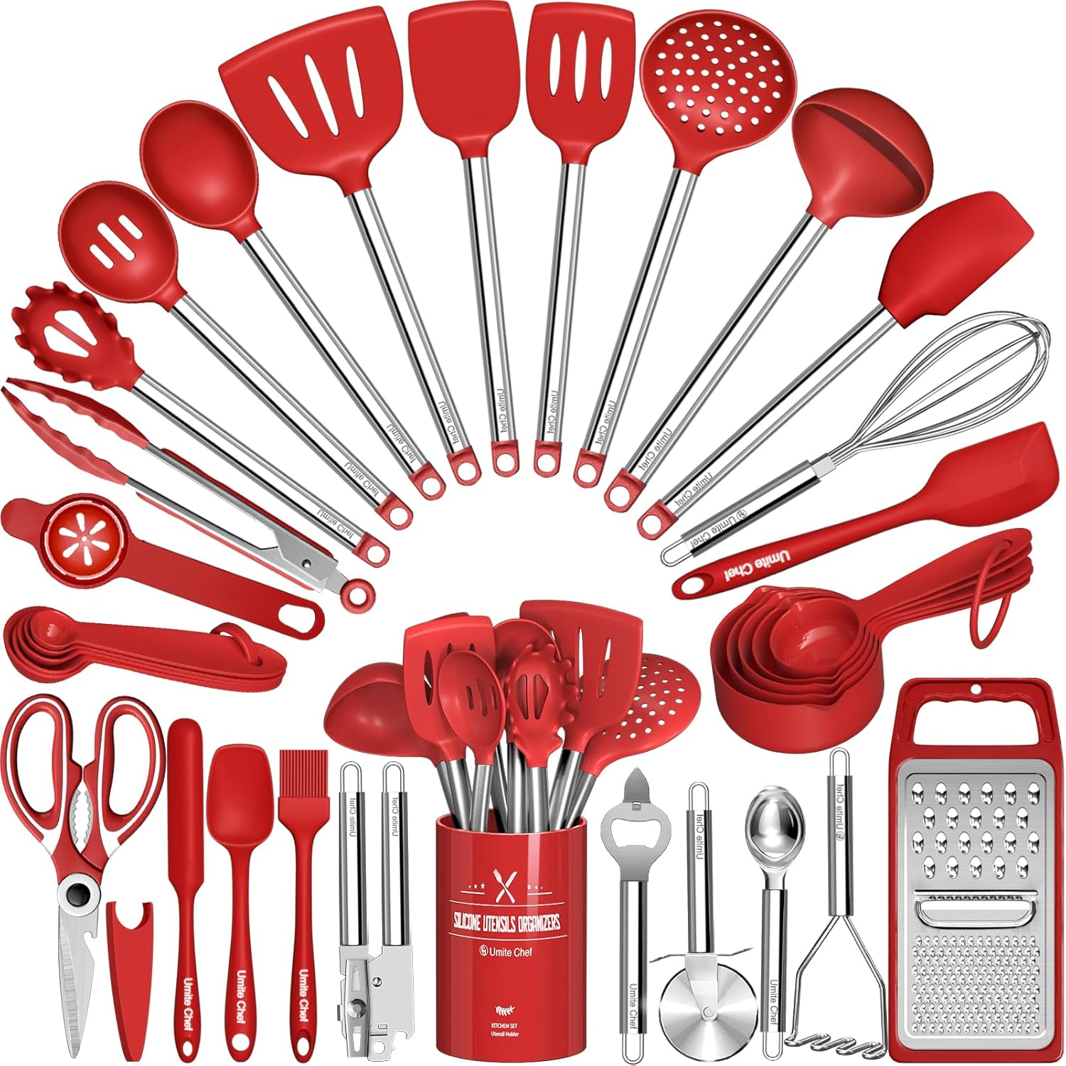 Kitchen Utensils Set-  34 Pcs Cooking Utensils with Grater, Spoon Spatula, Heat Resistant Food Grade Silicone, Stainless Steel Handles Kitchen Gadgets Tools Set for Nonstick Cookware(Red)