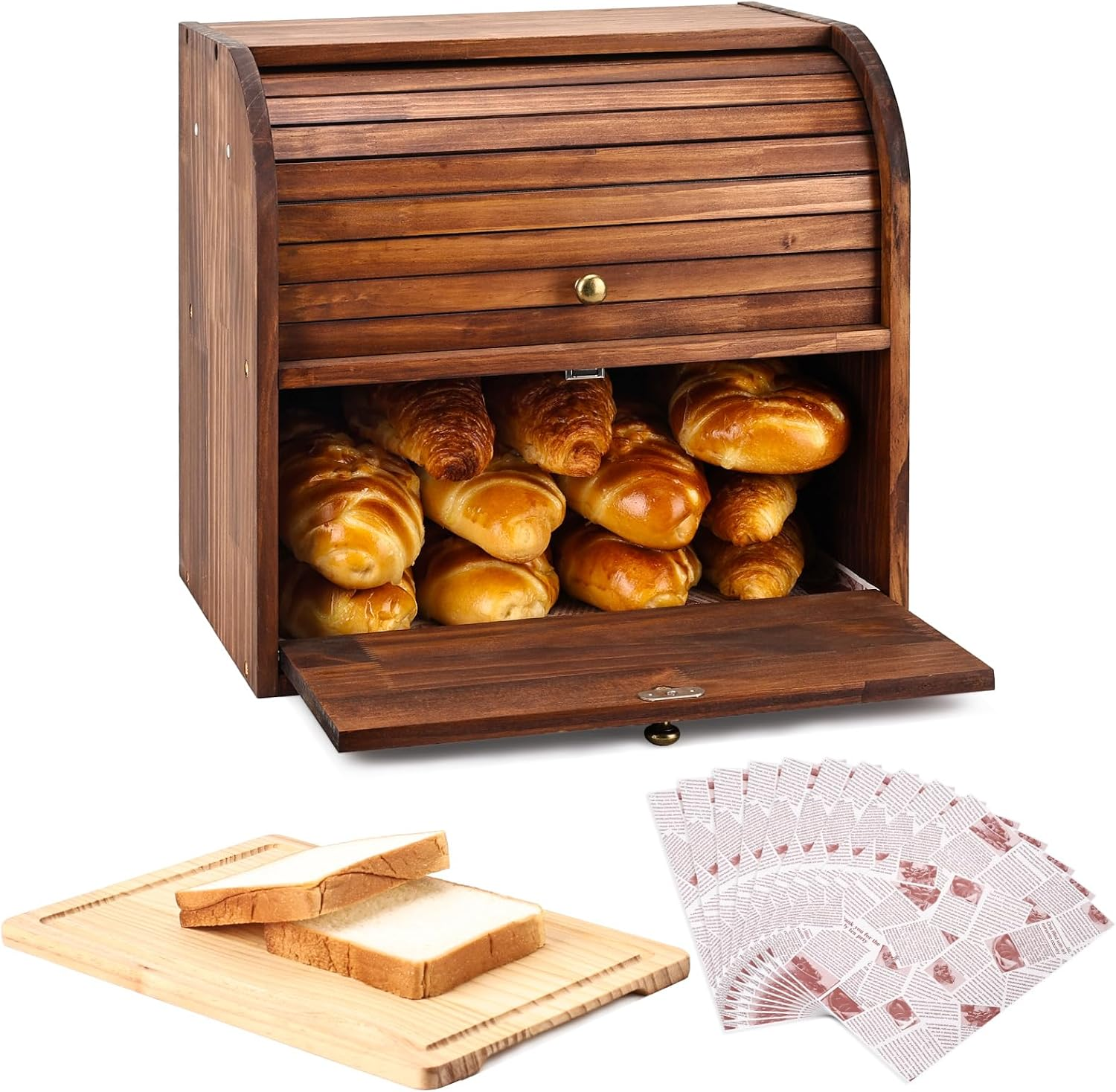 Roll Top Bread Box with Cutting Board for Kitchen Countertop, Brown