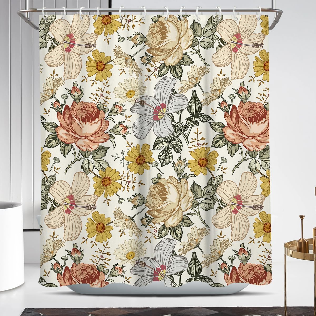 Floral Shower Curtain Vintage Yellow Retro Flower Farmhouse Cute Rustic Country Pretty Botanical Plant Cottagecore Boho Mustard Antique Fun Bathroom 60 X 72 Inch Polyester Fabric 12 Pack Hooks