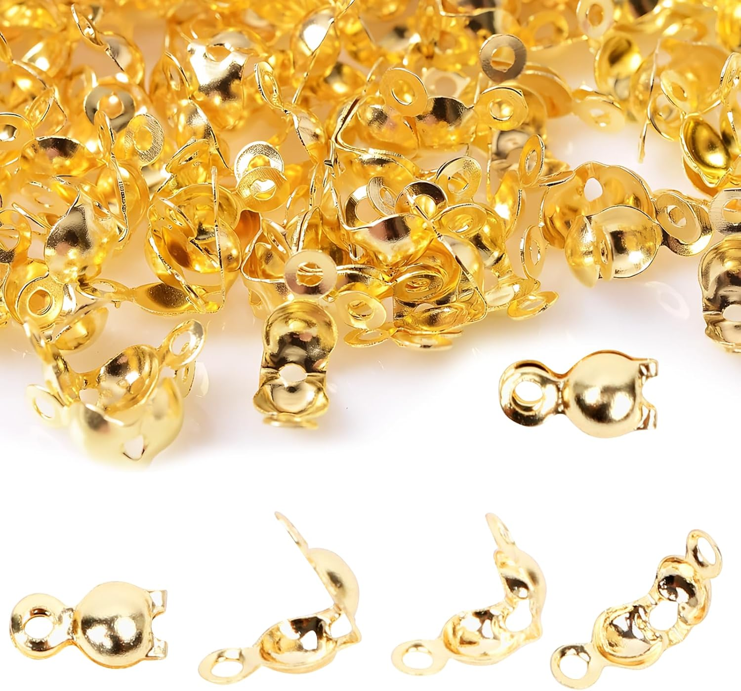 200 Pcs 18K Gold Crimp Beads for Jewelry Making, 4Mm Open Bead Knot Covers Clamshell Crimp Beads Tips End Caps for DIY Bracelets Necklaces Crafting
