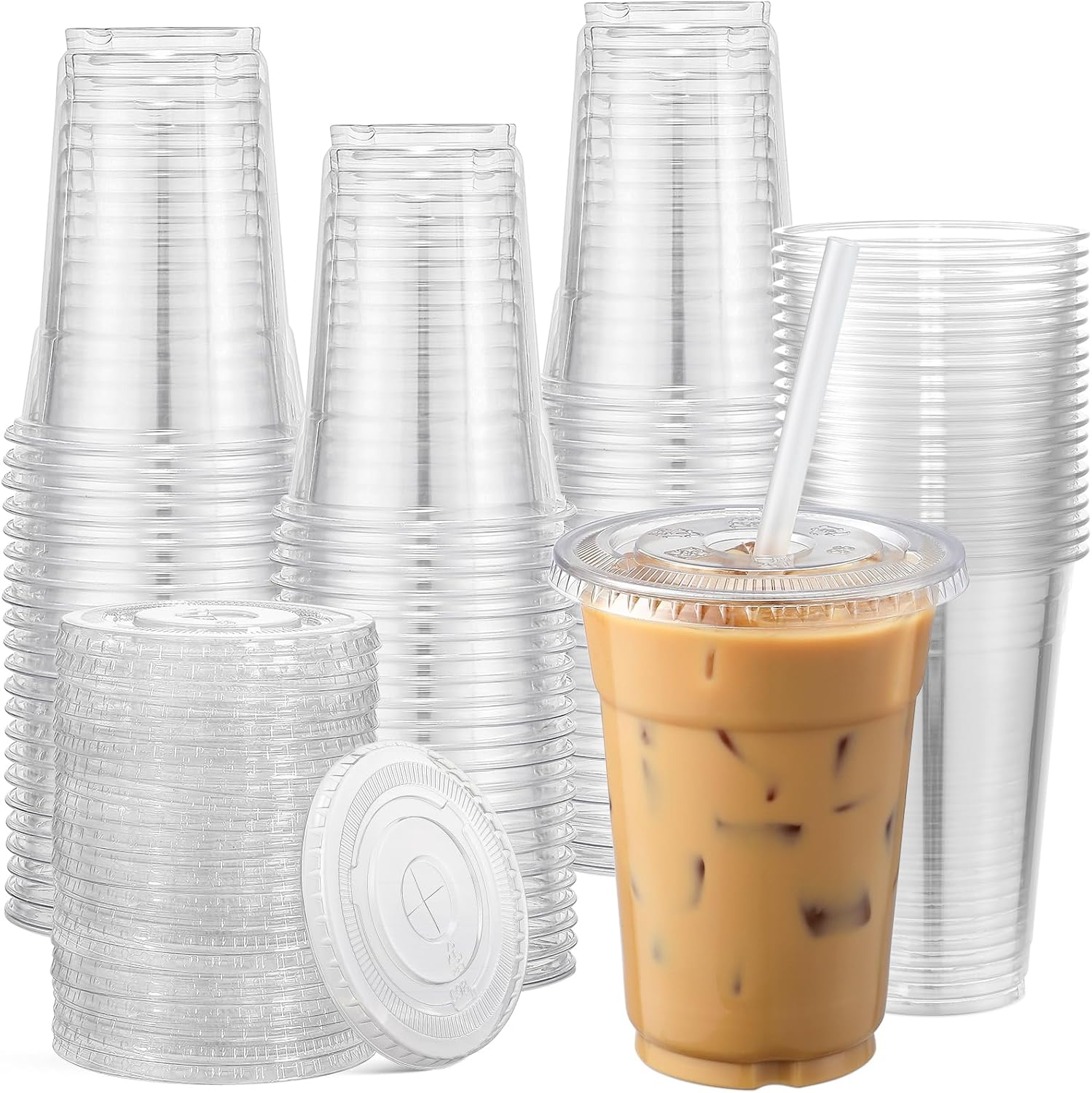 AOZITA 120 Sets - 16 Oz Clear Plastic Cups with Lids, Disposable Cups with Straw Slot Lids for Cold Drinks, Milkshake, Smoothie, Iced Coffee and TO-GO Drinkings