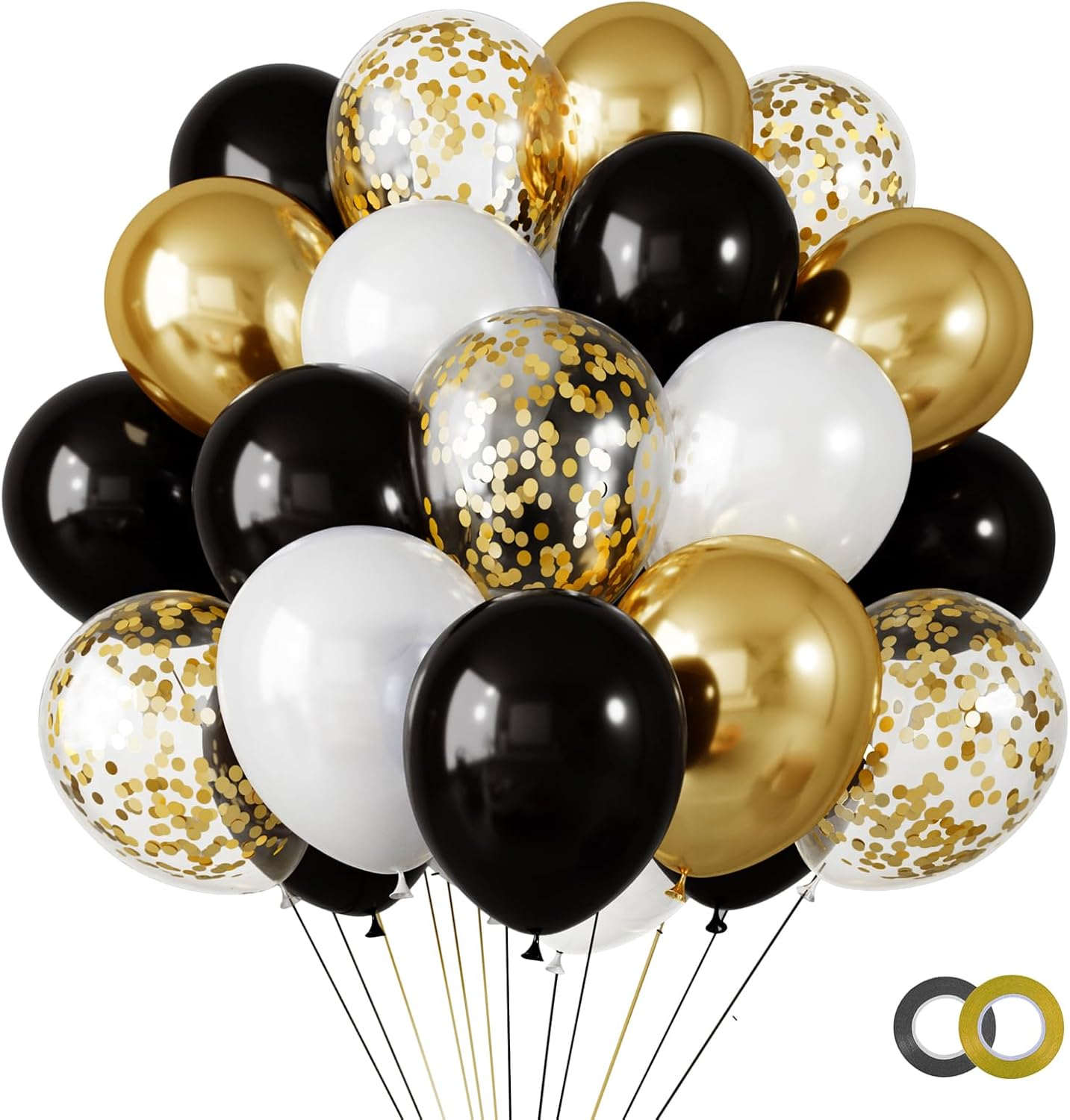 65pcs 12 Inches Black Gold Confetti Balloons Kit, Metallic Gold and Black Whi...