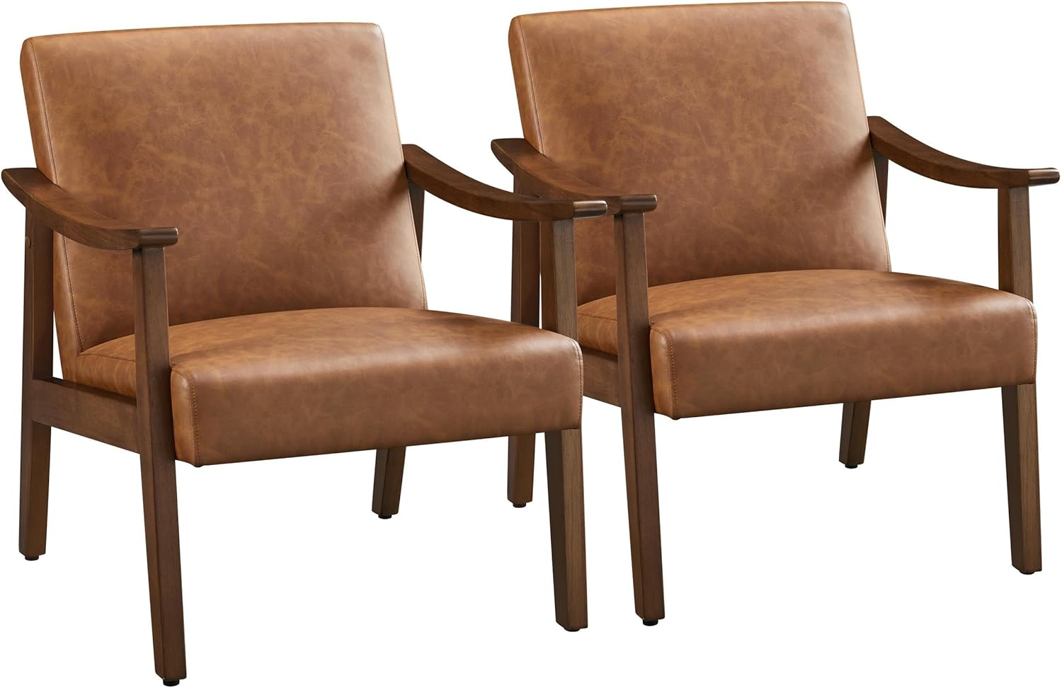 PU Leather Accent Chair, Mid-Century Modern Armchair with Solid Wood Legs, Reading Leisure Chair with High Back for Living Room Bedroom Waiting Room, Set of 2, Brown