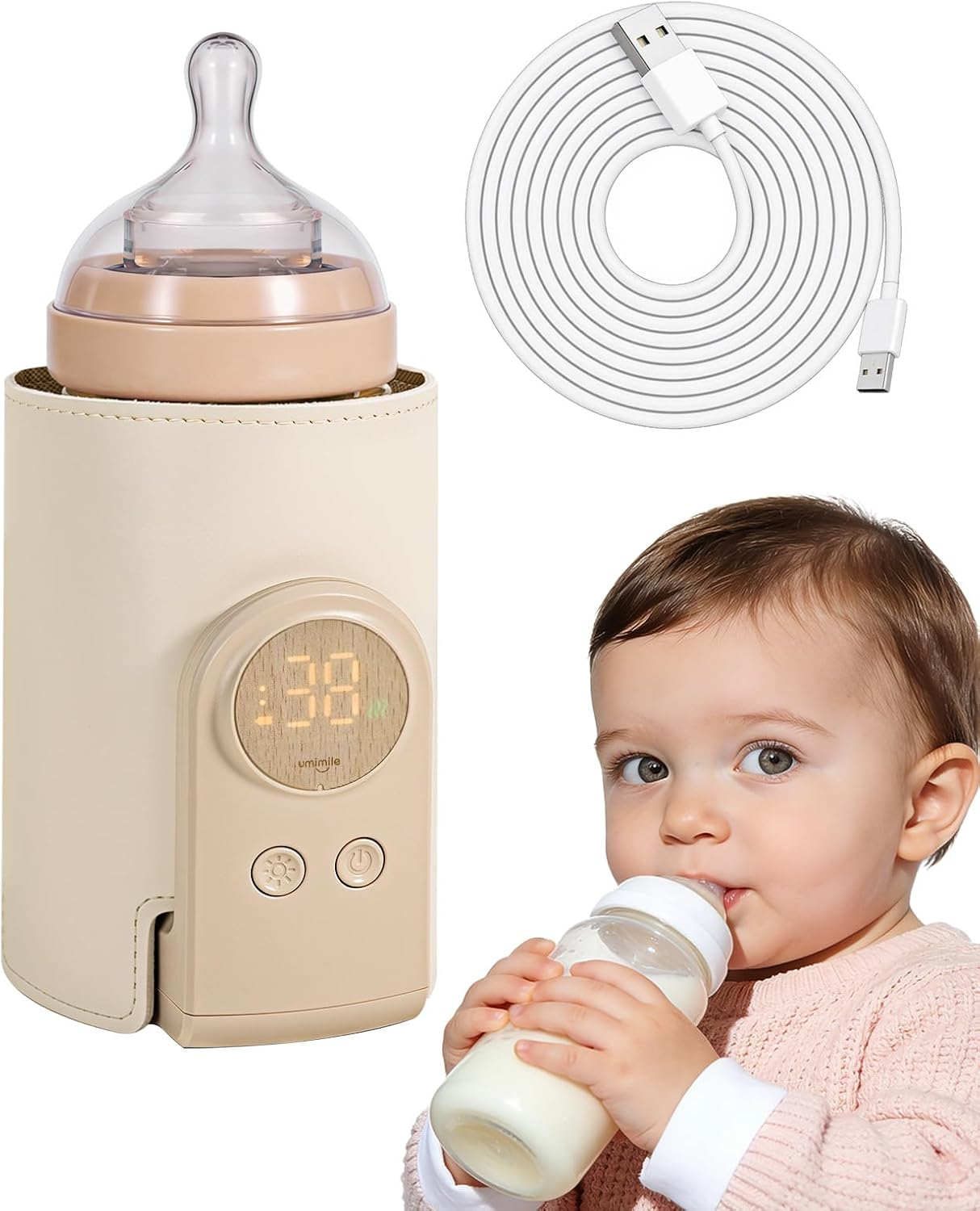 Portable Bottle Warmer for Travel – Heats the Bottle Directly—No Pouring, Fast Heating Baby Bottle Warmer on the Go, 6 Temp Settings & Auto Keep-Warm,Fits 2.5-3.3In Bottles (Beige)
