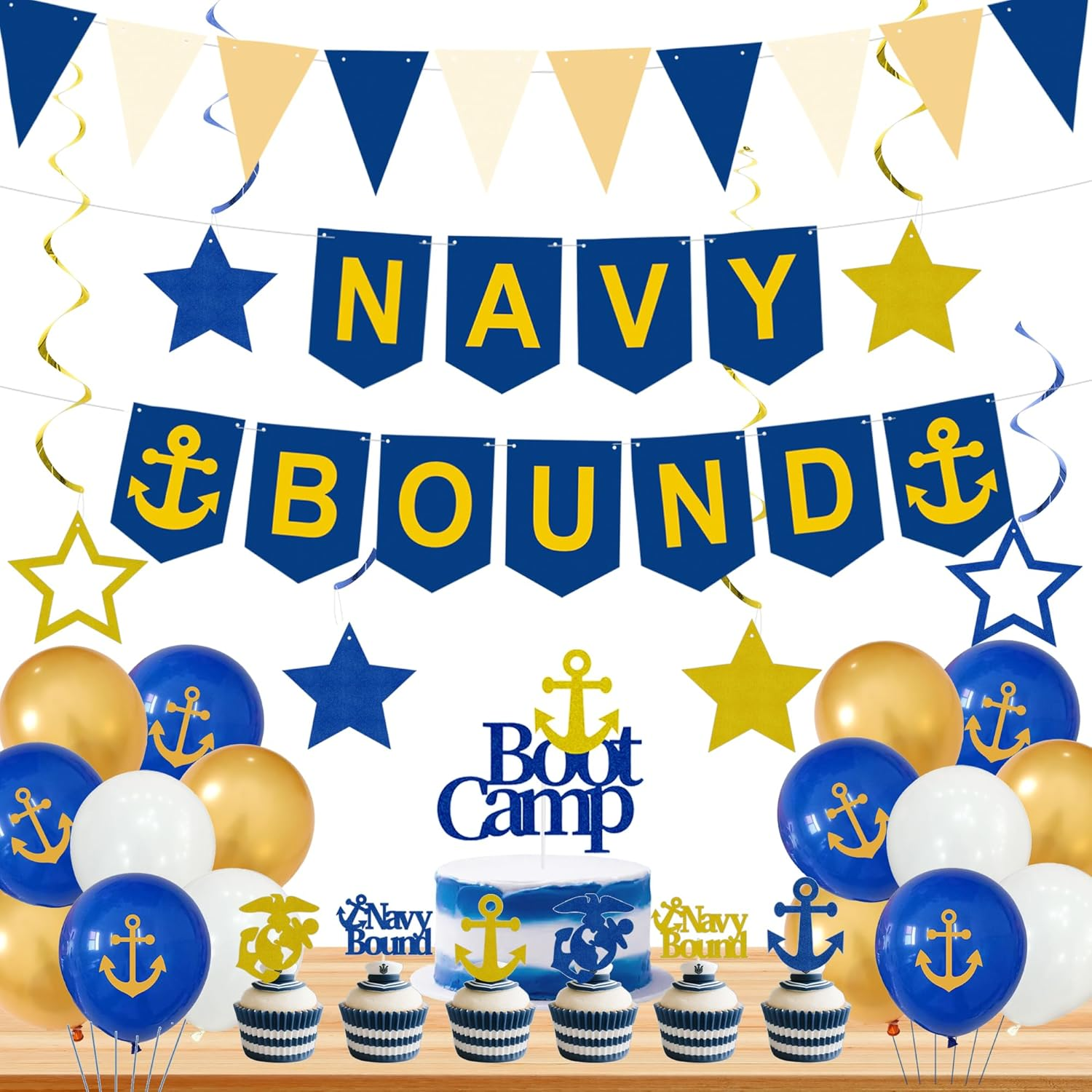 Holkcog Navy Party Decorations, Blue White Military Themd Banner, Farewell Party Welcome Ceremony, Navy Bound Themed Cupcake Decorations, Boot Camp Bound Cupcake Topper Supply