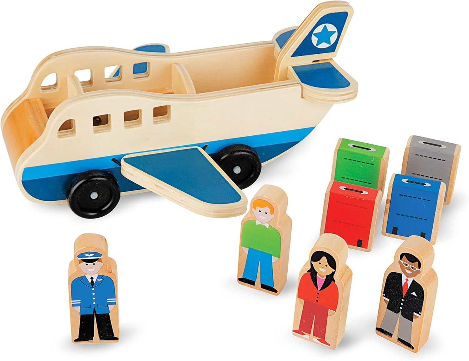 Wooden Airplane Play Set with 4 Play Figures and 4 Suitcases - Toy Airplane for Toddlers, Classic Wooden Toys for Kids