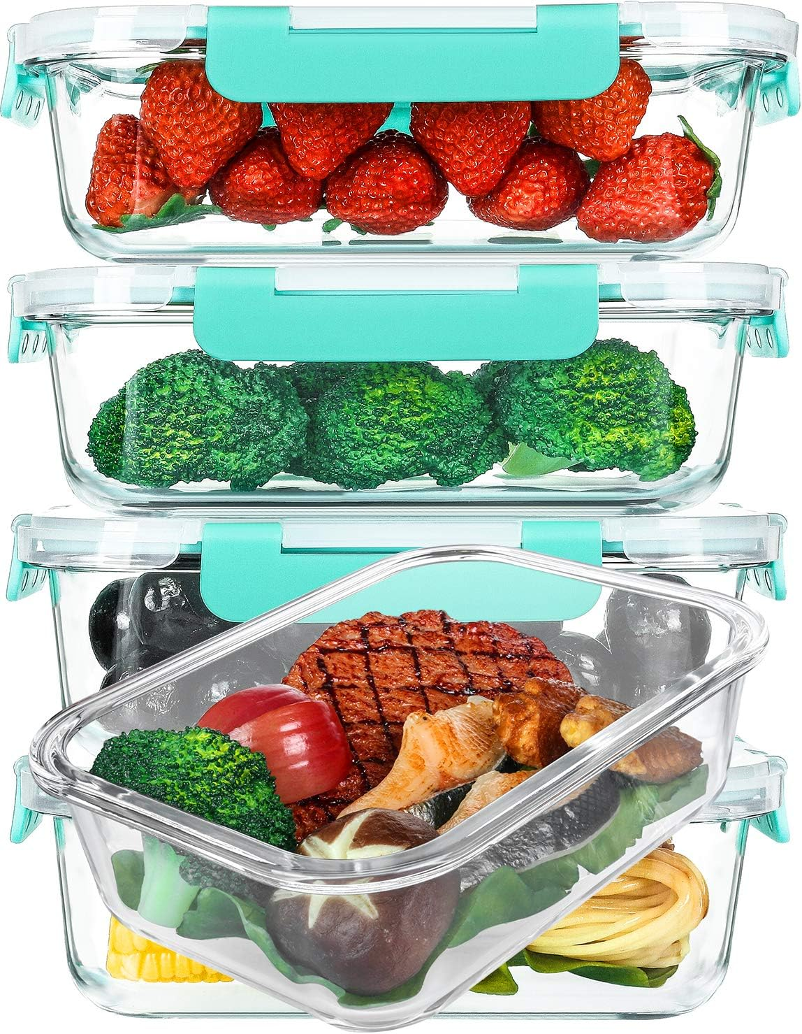 [5-Packs, 36 Oz.] Glass Meal Prep Containers with Locking Lids Glass Food Containers,Airtight Lunch Container,Microwave, Oven, Freezer and Dishwasher (4.5 Cup, Green)