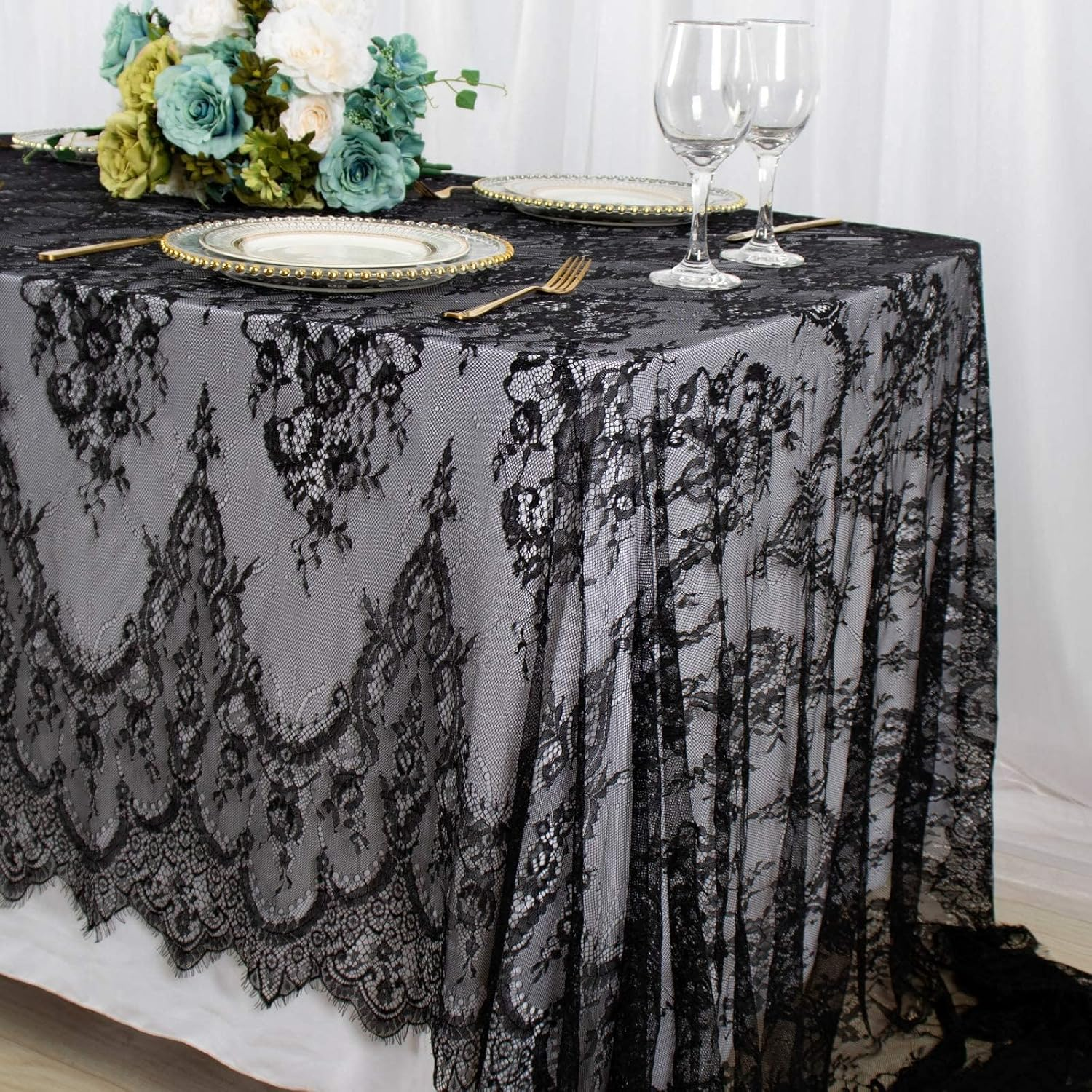 Lace Tablecloth Black 60X120 Inches Rectangle | Table Cover, Vintage Rustic Floral Embroidered Design, Sheer Lace Overlay, for Wedding Reception, Tea Party, Outdoor Dining
