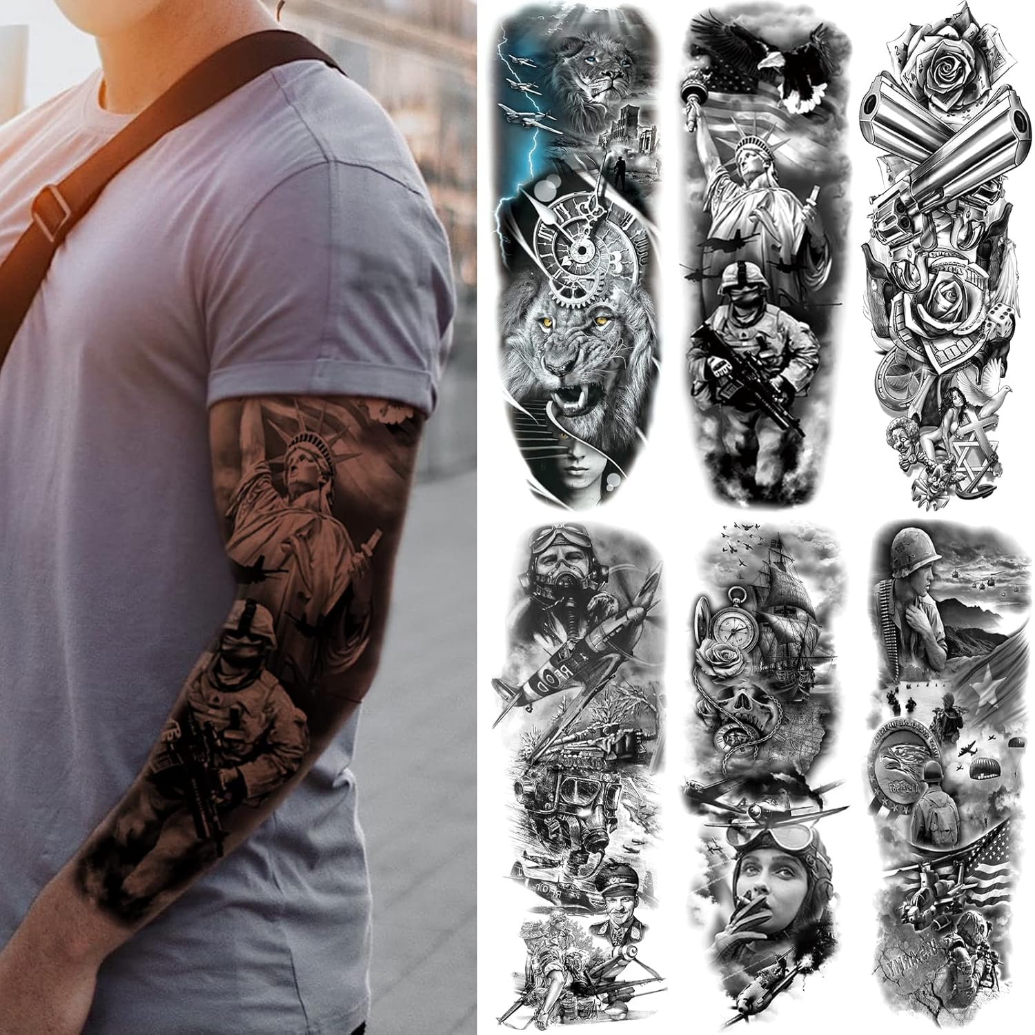 Military Temporary Tattoo Sleeves, Full Arm Large War Soldier Fake Tattoos Sleeve for Men Women Adult, Black Long Lasting Patriotic Warrior Temp Tatoo Sticker Leg Body Art Makeup, 6-Sheet