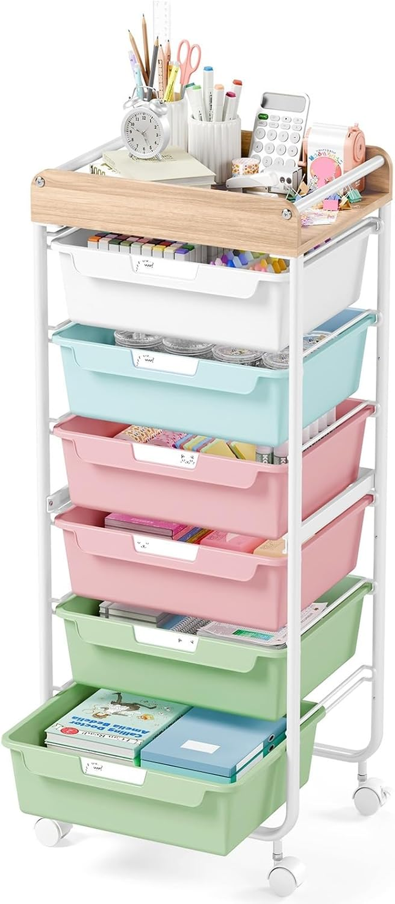 6 Drawer Rolling Cart for Craft Storage,Utility Drawer Organizer with Handle and Wooden Top, Storage on Wheels for Office, Classroom,Laundry，Garage, Snack,Art Supply,Colourful