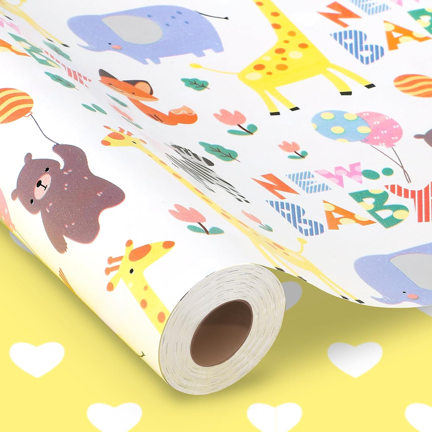 Reversible Baby Shower Wrapping Paper Roll 17 Inch x 33 Feet Animals & New Baby Design Gift Wrapping Paper for Neutral Baby Shower, Newborn, 1st Birthday, Celebration