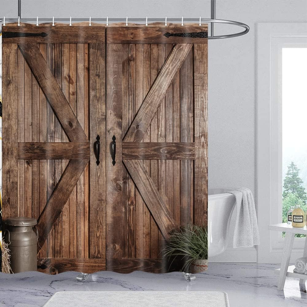 Rustic Barn Door Shower Curtain Set for Bathroom, Farmhouse Western Bathroom Decor Curtains, Vintage Countryside Brown Wood Board Waterproof Fabric Bath Curtains with Hooks 70 X72 Inch