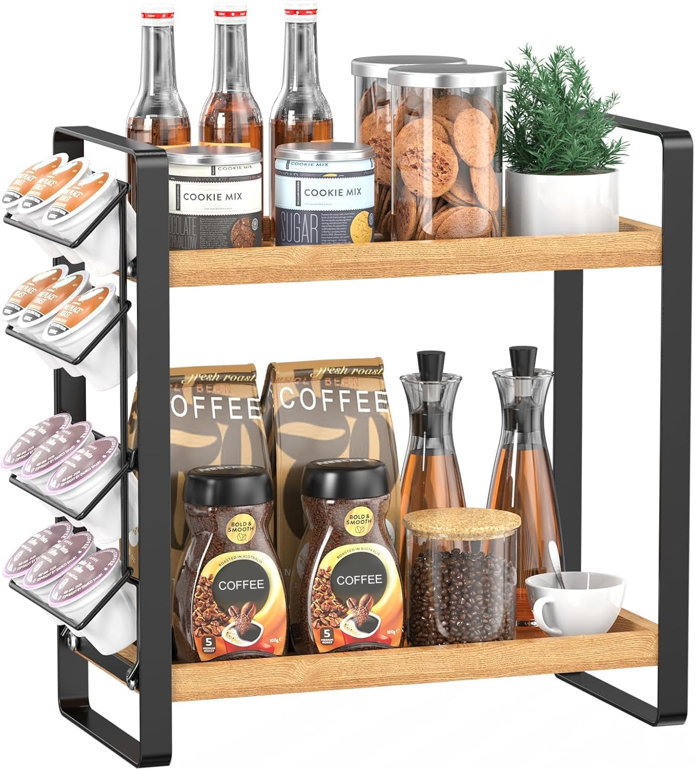 Coffee Station Organizer for Counter,Condiment Storage Caddy for Kitchen,2 Tier Wooden Shelf for Coffee Bar Accessories,Coffee Bar Organizer for Kitchen, Home, Office-Brown