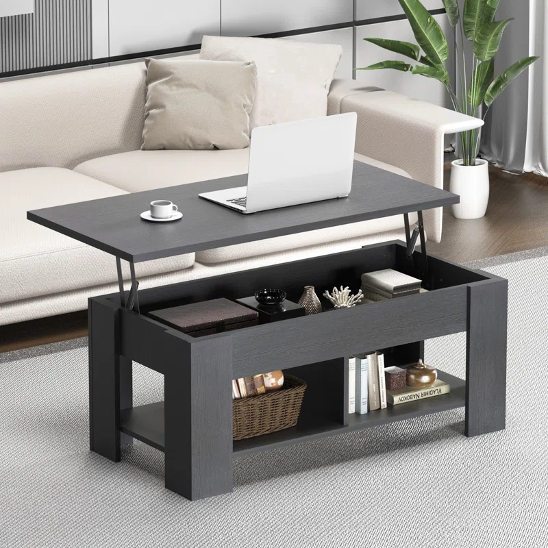 Lift Top Coffee Table with Storage Modern Pop Up Design with Shelves Multiple Colors