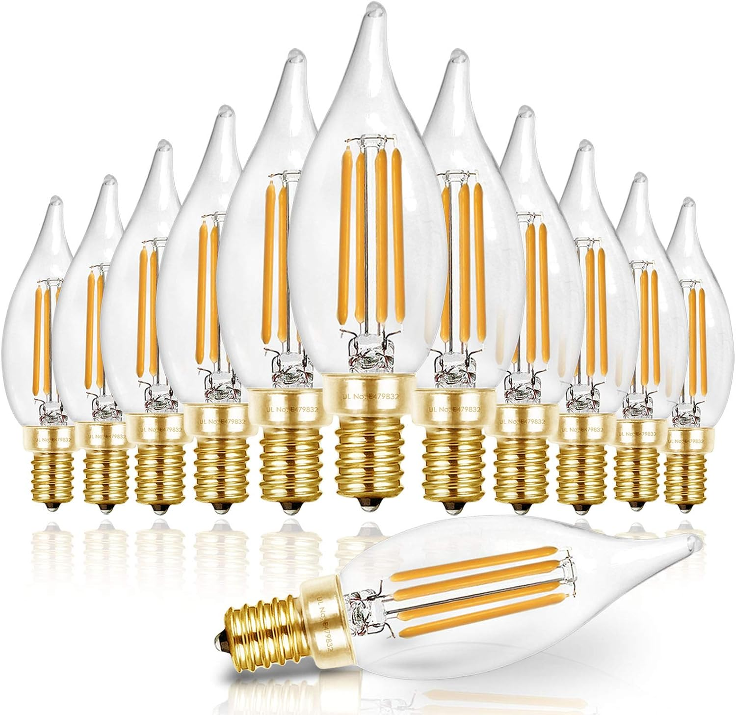 90+ CRI E12 LED Candelabra Bulb 40W Equivalent, 2700K Warm White, Dimmable Chandelier Light Bulbs, CA10 LED Candle Bulbs, 4W, 450 Lumens, UL Listed - 12 Pack
