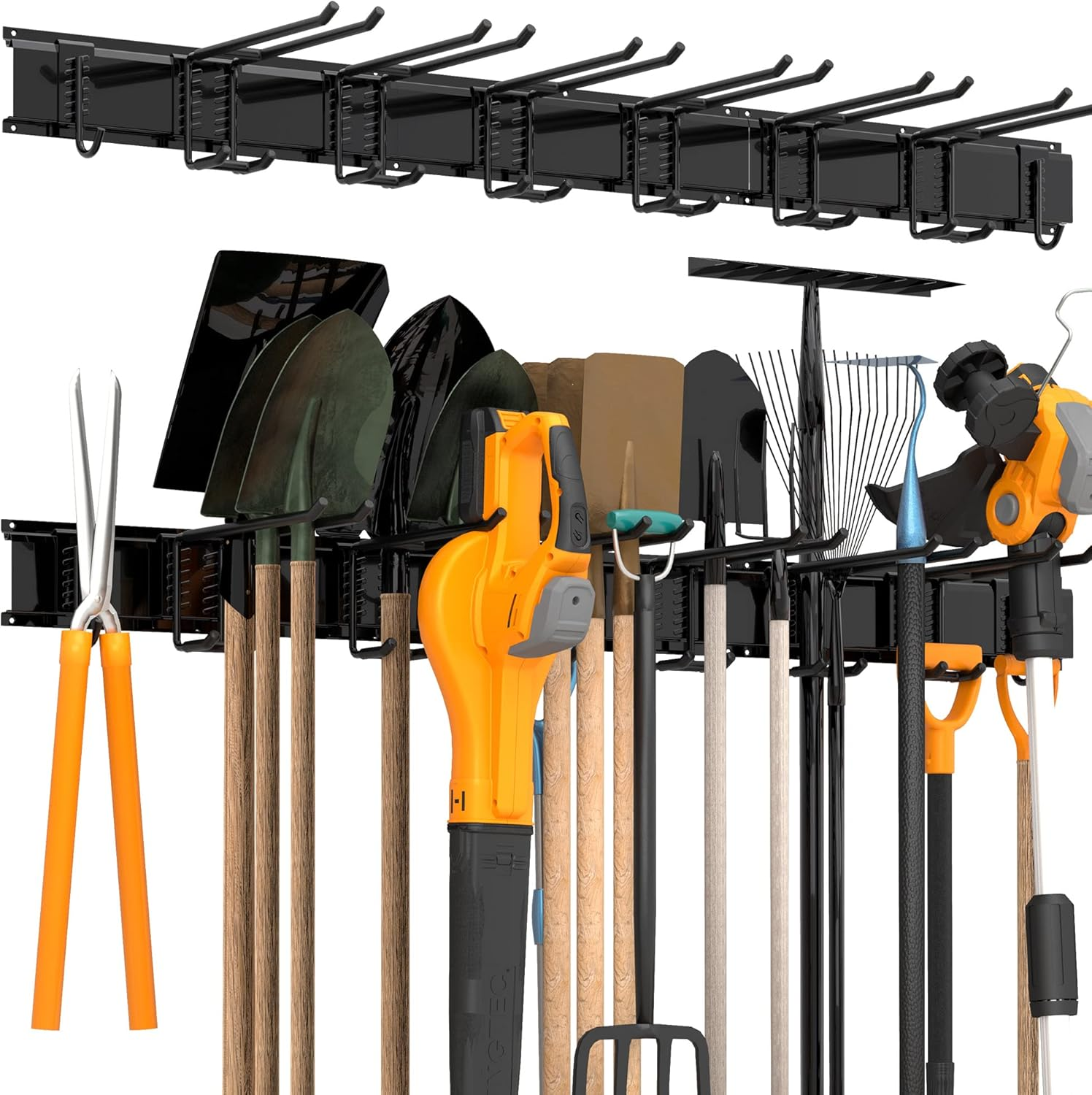 Garage Tool Storage Rack, Heavy Duty Garage Storage Organizer Rack System,Wall Mounted Tool with 8 double hooks, 3 rails, Garden Yard Tools Hanger Rack for Ski Gears,Broom,Mop,Rake,Shovel
