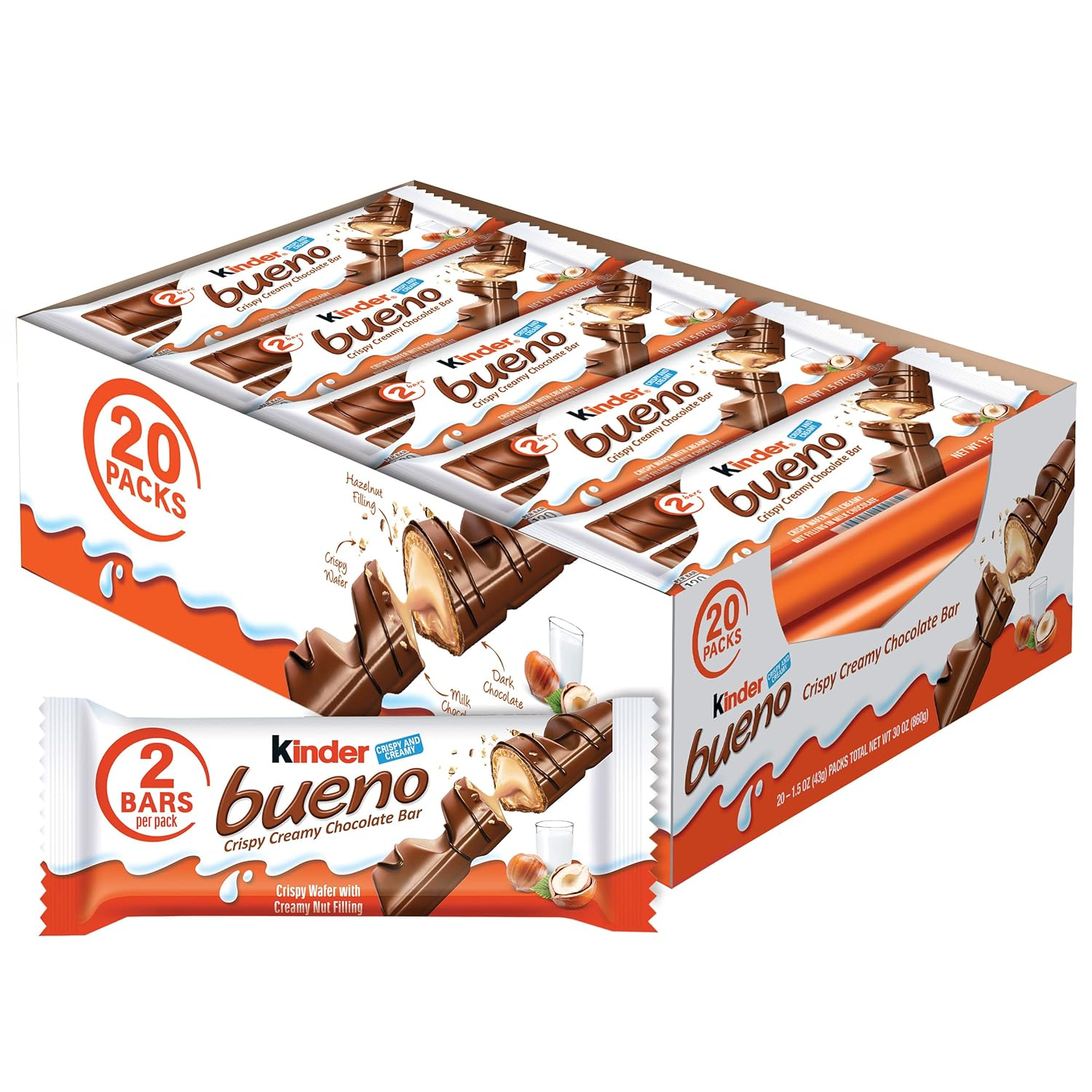 Kinder Bueno Milk Chocolate Bars with Crispy Wafer and Hazelnut Cream, 20 Count