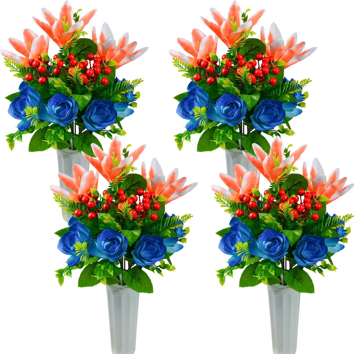 Artificial Cemetery Flowers for Grave, Set of 4 Artificial Flowers Bouquet Memorial Flowers with Vase for Outdoor Cemetery Headstones Graveyard Gravestone Decoration (Blue&Orange-4Pcs)