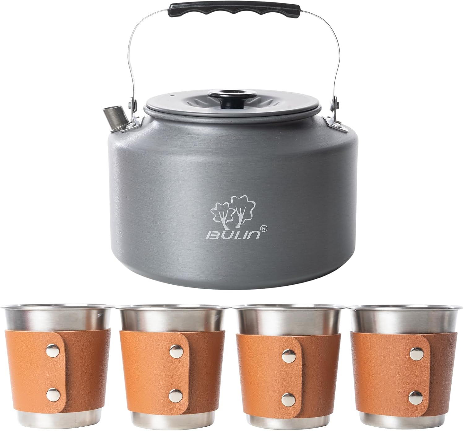 Camping Kettle, 2.2L Large Portable Stovetop Tea Kettle Fast Heating Boiling Hot Water for Open Fire Lightweight Coffee Pot with 4 Camping Cups & Anti-Scald Sleeves for Outdoor Hiking Picnic