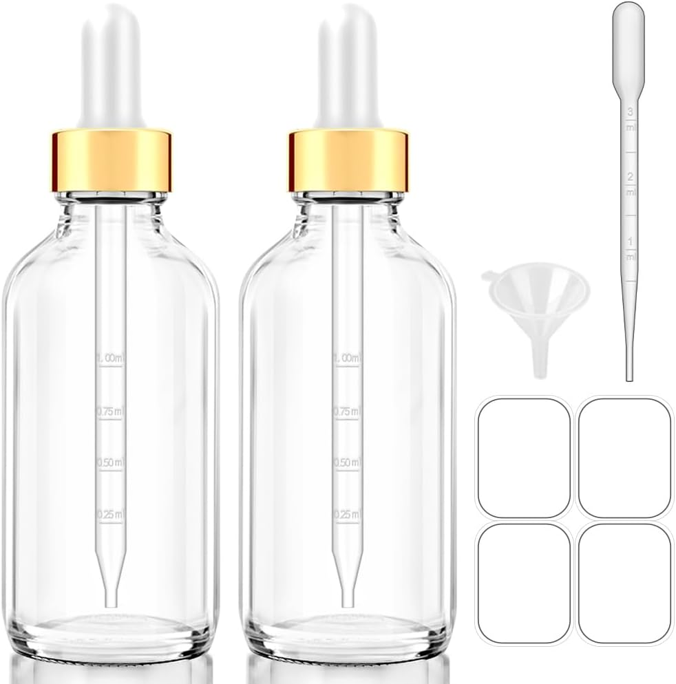 Glass Bottle with Dropper, 4 Oz Clear Golden Cap Eye Dropper Bottle for Essential Oils with Labels and Funnel, 2 Pcs Empty Tincture Bottles with Unbreakable Plastic Eye Dropper with Measurements