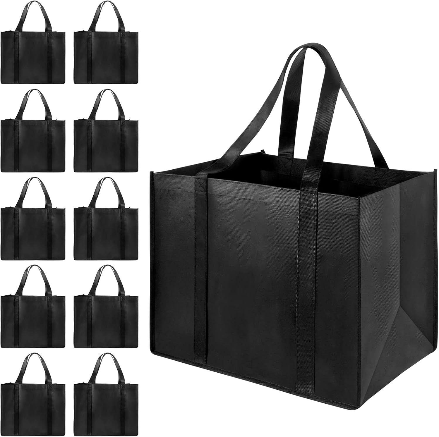 10 Pack Heavy Duty Kitchen Reusable Grocery Bags, Durable XL Shopping Tote with Handle Can Hold 45+Lbs, Stands Upright, Foldable & Washable (Black)