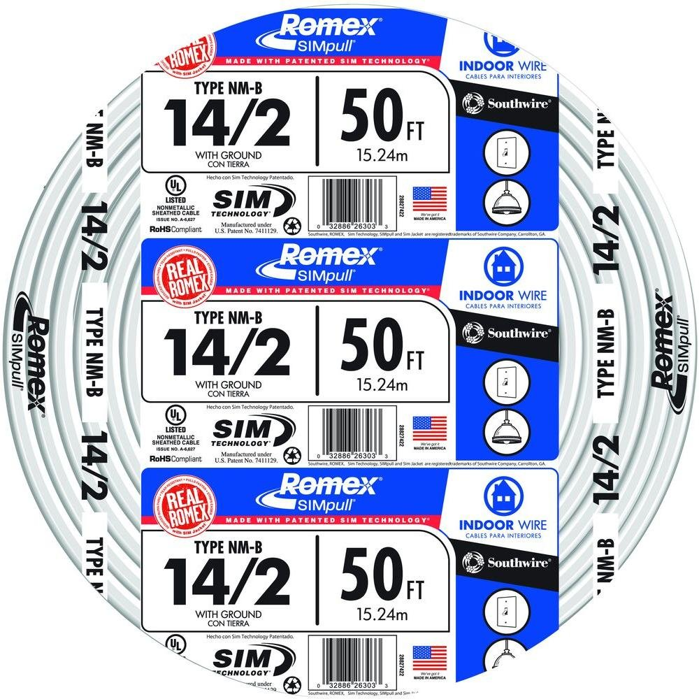 Southwire Romex Brand Simpull Solid Indoor 14/2 W/G NMB Cable 50Ft Coil - SW# 28827422