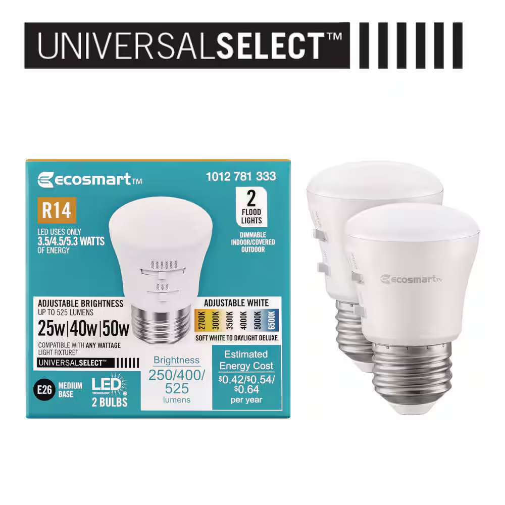Universal Select 25/40/50-Watt Equivalent R14 E26 Dimmable LED Flood Light Bulb W/ Selectable Color Temperature (2-Pack)