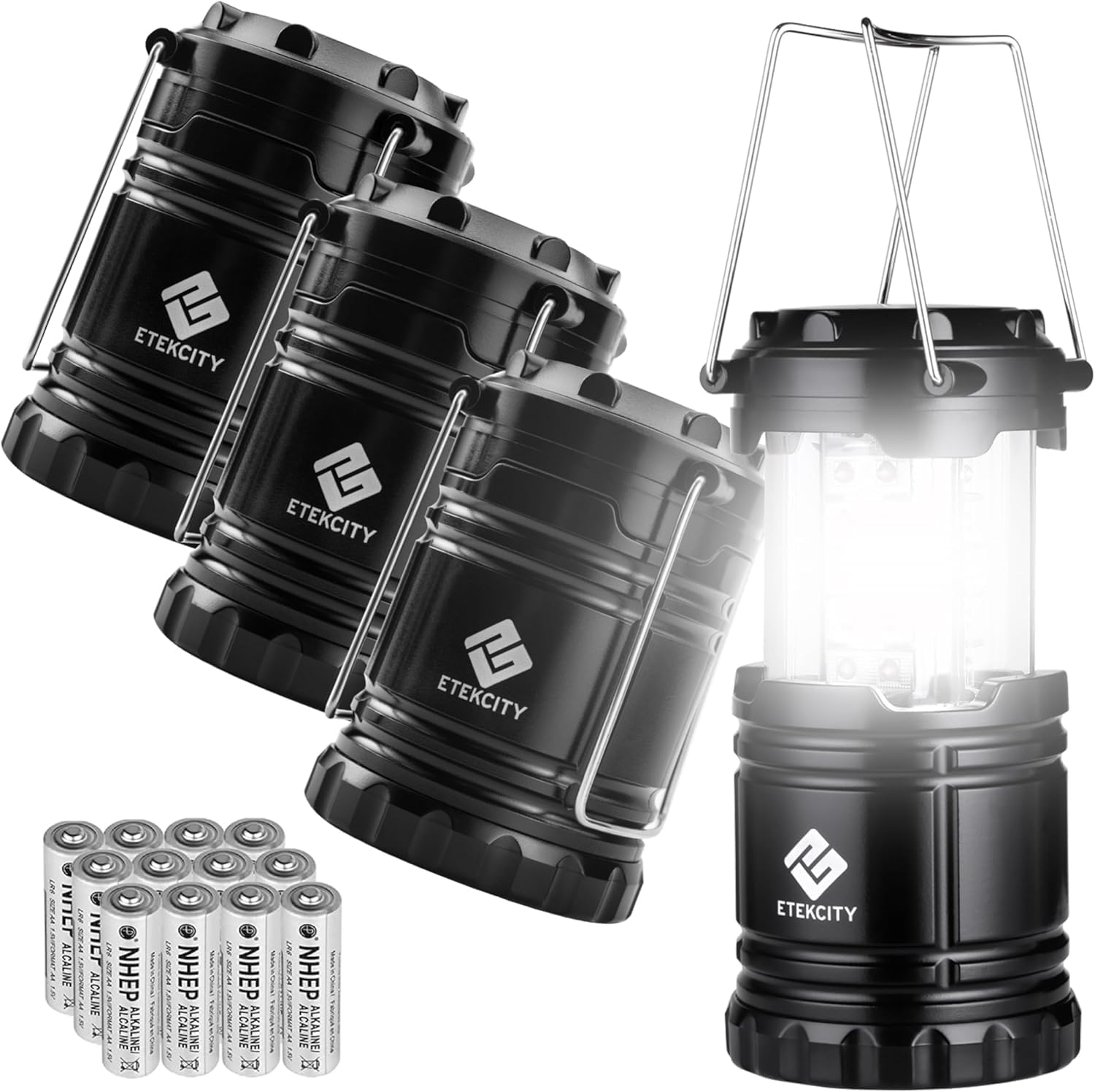 Camping Lanterns for Power Outages 4 Pack, Flashlight for Camping Essentials, Survival Kit and Gear, Hurricane Preparedness Items, Emergency Led Battery Operated Lights, Black