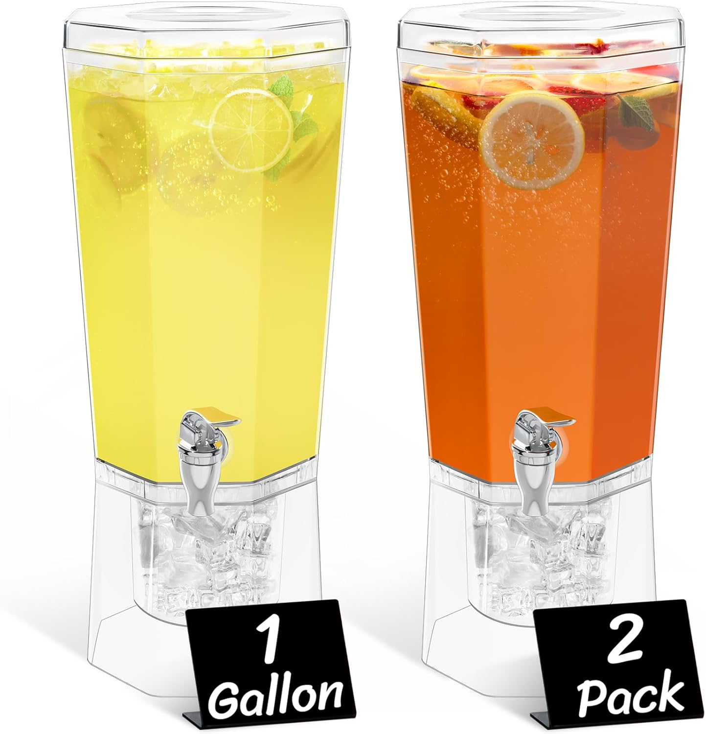 1 Gallon Drink Dispenser for Parties 2 Pcs, 4L Plastic Beverage Container with Stand for Juice/Tea/Soda & Lemonade, Clear Water Pitcher with Spigot for Mimosa Bar Hosting 39 X 16 Cm/15X6