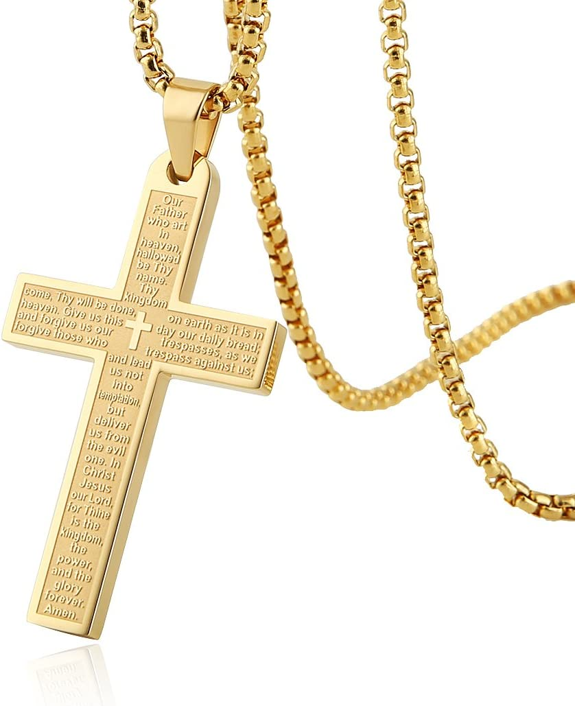 Stainless Steel Mens Womens Cross Necklace Lord'S Prayer Pendant, 4 Colors Available