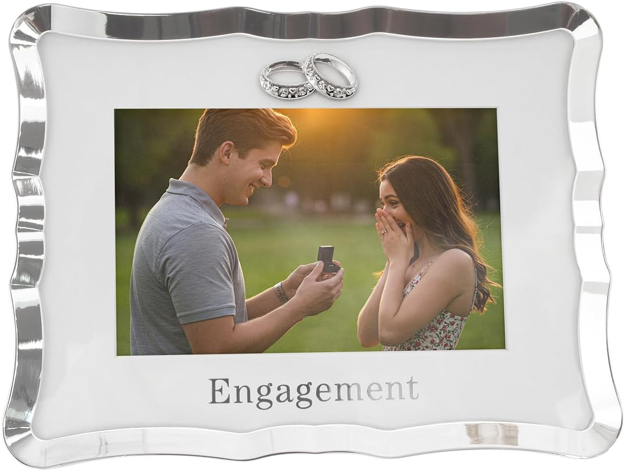 Modern Engagement 4X6 Steel Picture Frame in Silver Plating with Double Diamante Rings | for Wall or Table | Black Velveteen Backing