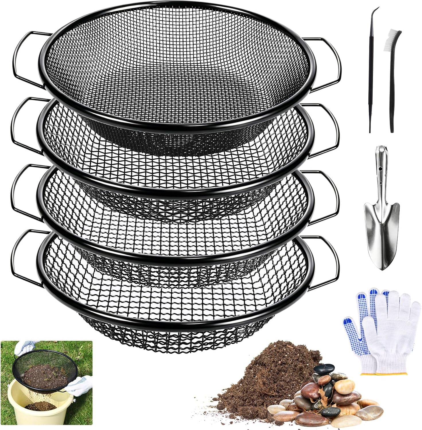 4PCS Soil Sifter for Gardening with Handle, Stainless Rock Compost Dirt Sifter for 5 Gallon Bucket,1/4In,1/8In,5/16In,3/8In Mesh Garden Sifting Screen Gravel Sawdust Vermicompost with Cleaning Tools