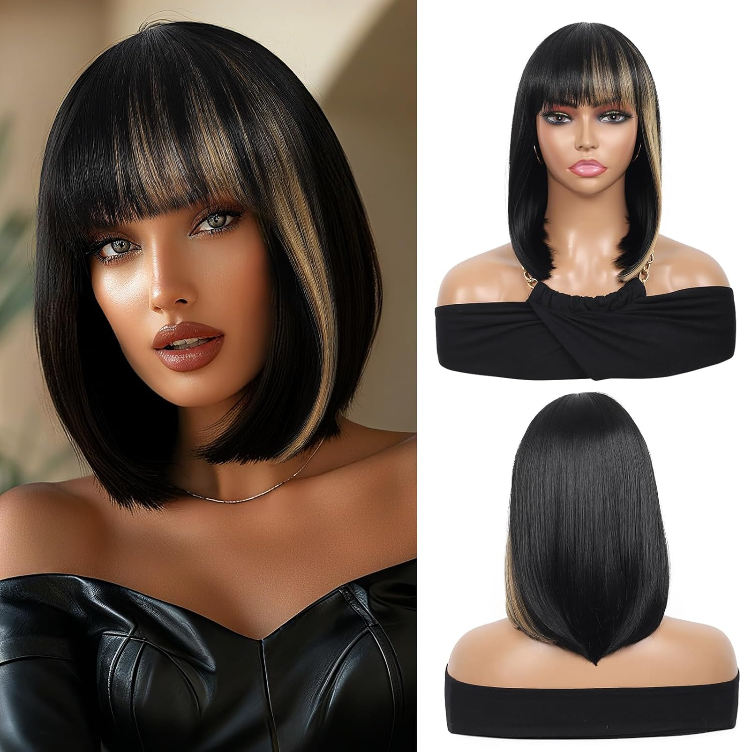 Bob Wigs for Women Short Straight Bob Wig with Hair Bangs Natural Looking Heat Resistant Synthetic Hair Wigs for Women 13 Inches (Black with Blonde Highlights)