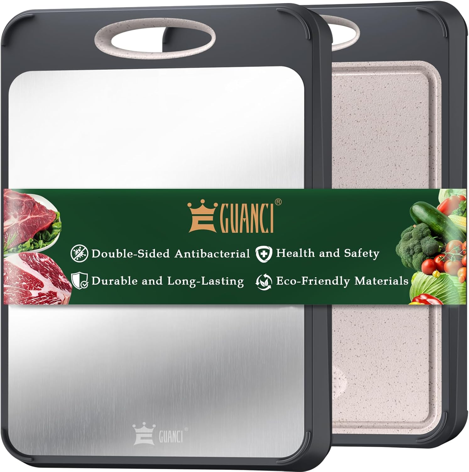 Cutting Board for Kitchen, Non Toxic 2-In-1 Double Sided Design, 304 Food Grade Stainless Steel & Wheat Straw PP Chopping Board for Meat & Vegetables, Durable Kitchen Essential, Large 16”×11”