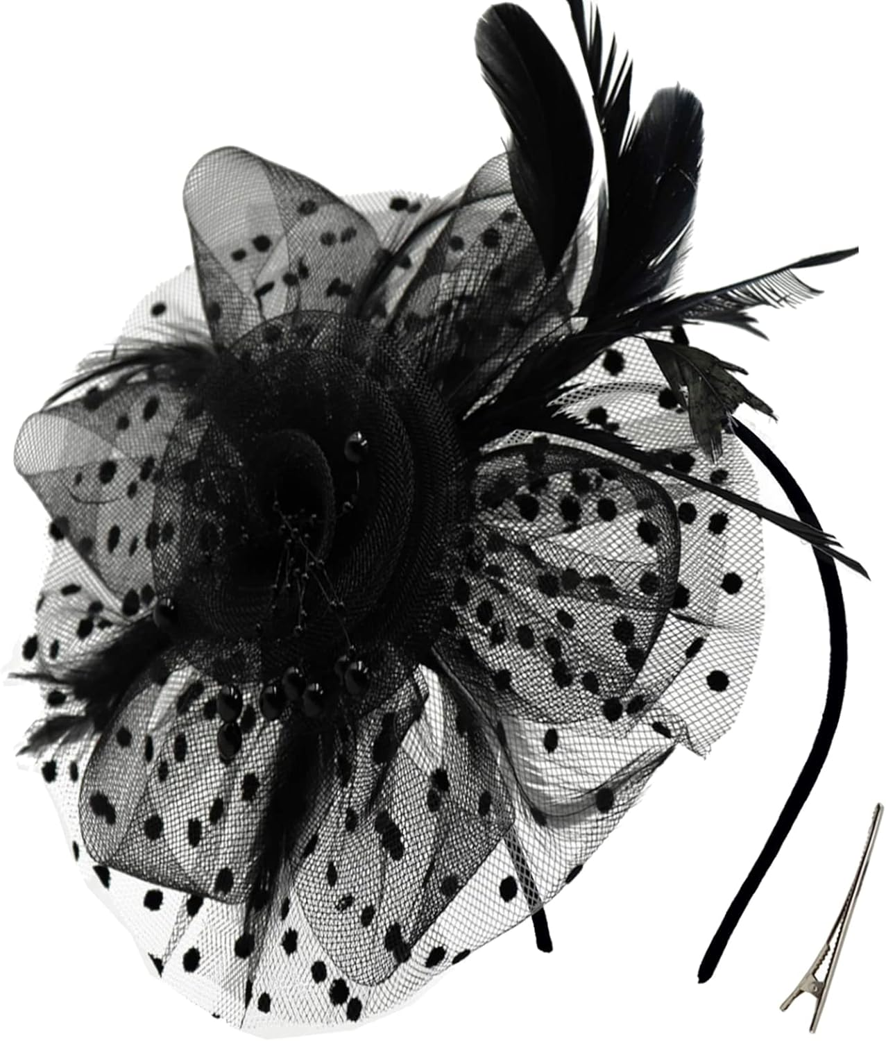 Fascinators for Women Tea Party Headband Hats Cocktail Flower Mesh Feathers Headwear Hair Clip for Wedding