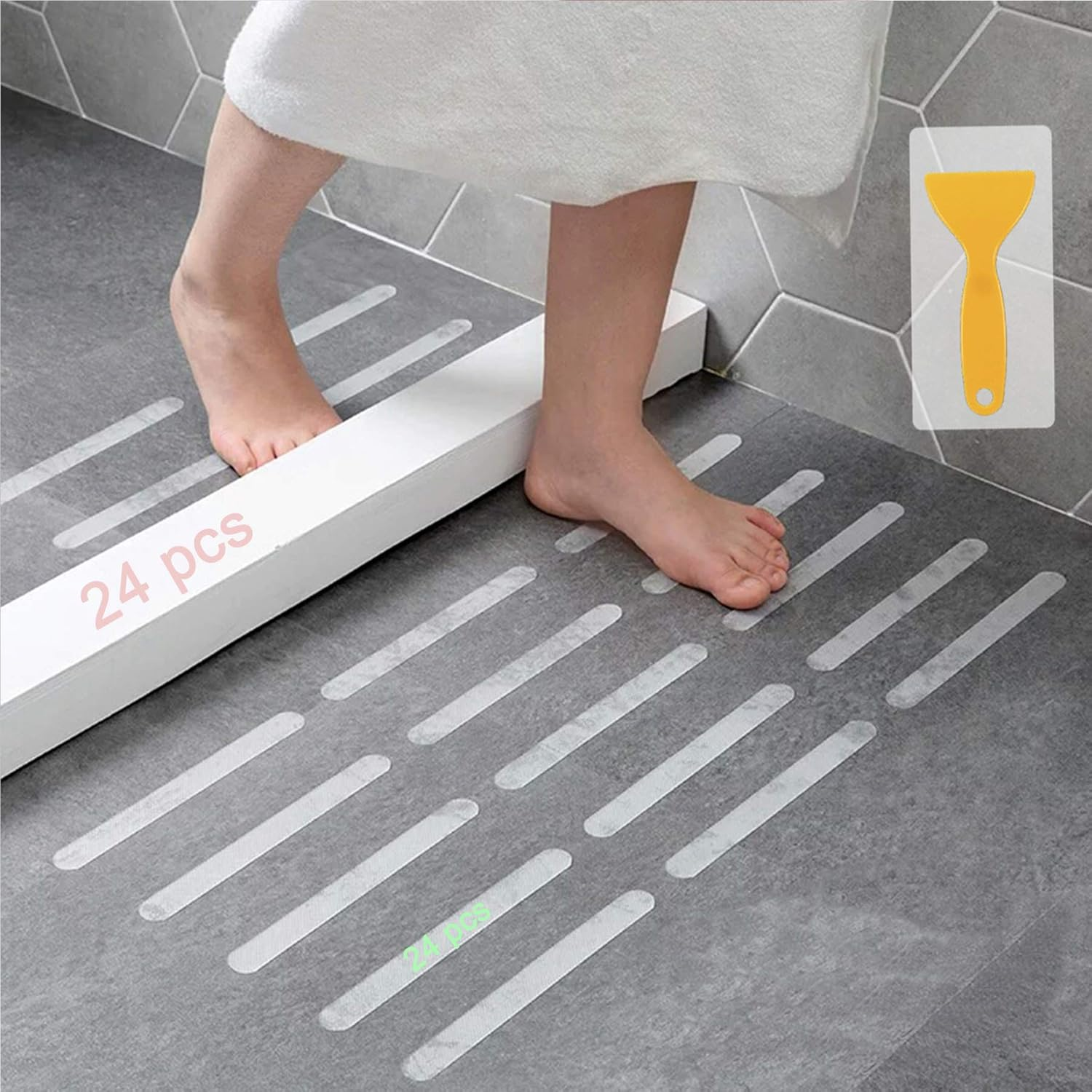 Anti-Slip Strips, Safety Shower Treads Stickers - 24 Pcs, Bathtub Non Slip Stickers, anti Skid Tape for Shower,Tub,Steps, Floor-Strength Adhesive Grip Appliques for Baby,Senior,Adult (Clear)8 X 0.8In