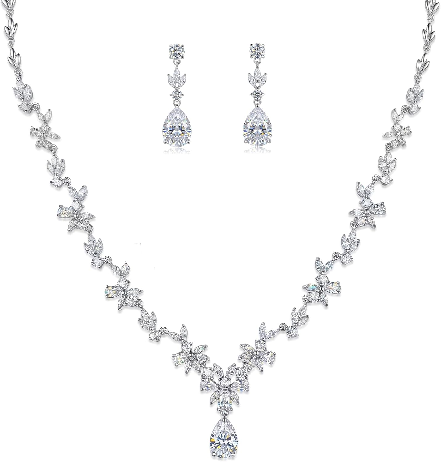 Jewelry Set for Women, Necklace Dangle Earrings Bracelet Set with White AAA Cubic Zirconia, Allergy Free Wedding Party Jewelry for Bridal Bridesmaid